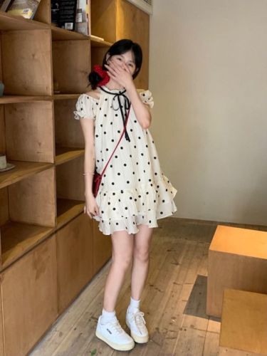 Real shot~Korean style summer girl's off-shoulder halterneck polka-dot fluffy doll dress~