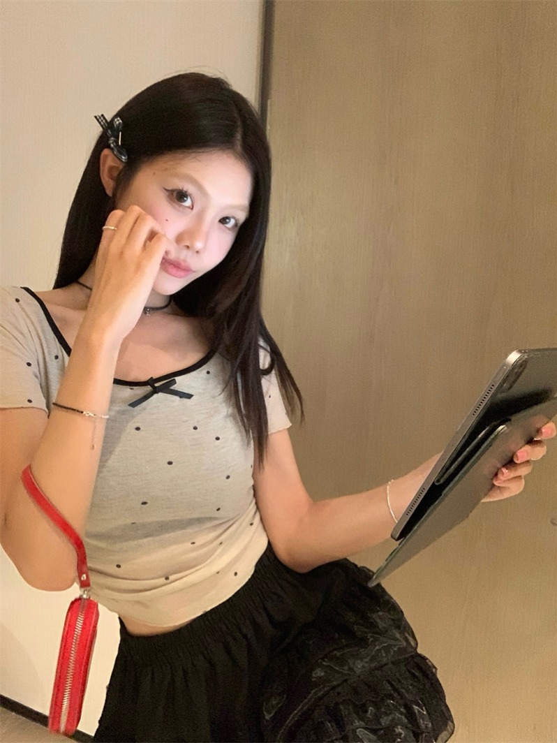 實拍 夏季新款波點短袖t恤女修身短款兩件套上衣