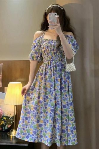 Real shot square neck puff sleeve floral skirt sweet summer new French waist niche design dress