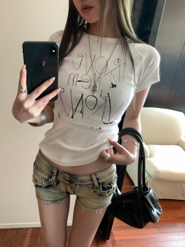 Real shot of inkjet letters short round neck raglan short-sleeved T-shirt summer slim fit right shoulder top