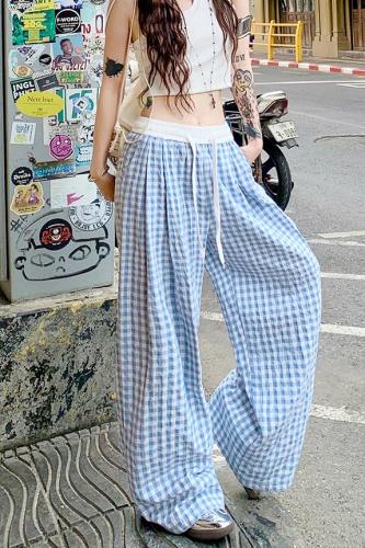 Sweet Girl | Contrast Color Plaid Walking Pants Elastic Waist Straight Leg Wide Leg Casual Pants