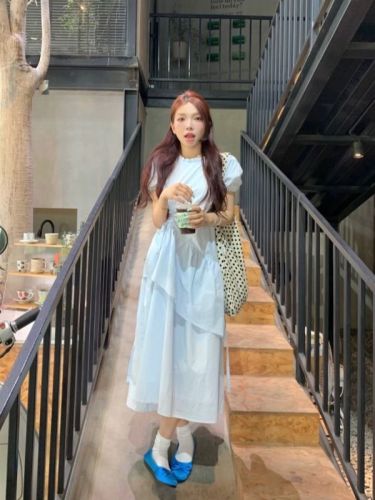 Real shot~Korean summer baby blue drawstring cake mid-length dress~