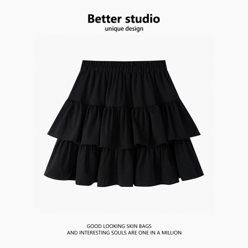 Black skirt women's summer super hot pear-shaped figure high-waisted A-line cake skirt petite puffy short skirt