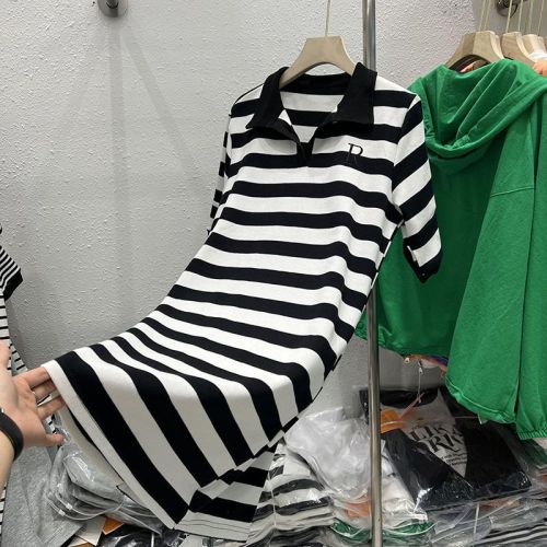 Tmall quality polo collar striped short-sleeved knitted dress summer new design niche mid-length style