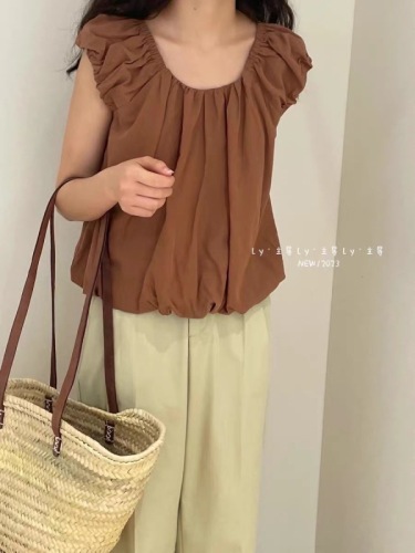 LY dominates small flying sleeves round neck lace-up pullover vest for women 2024 spring and summer Korean style versatile pleated top