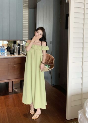 Real shot!  Summer off-shoulder one-shoulder ruffled slim-fitting long A-line tube top dress