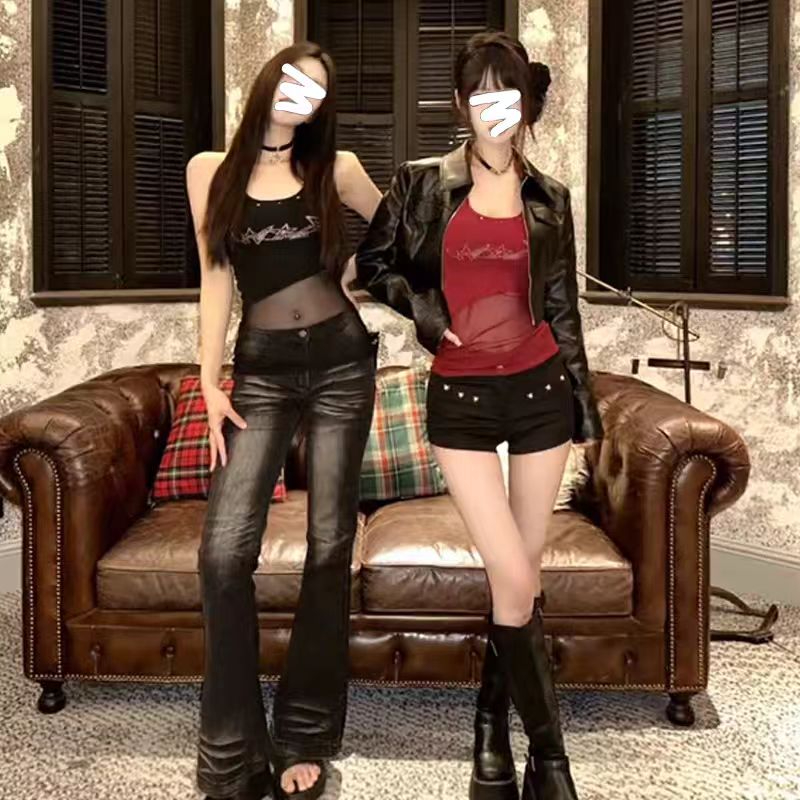 Pure lust style sexy red mesh halterneck vest for women summer 2024 new outer wear sweet cool hot girl sleeveless top
