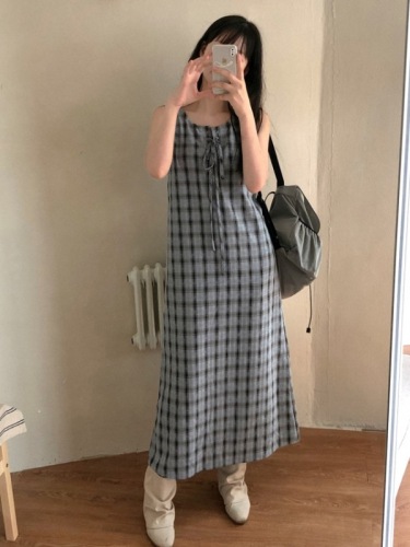 Checked lace-up sleeveless dress