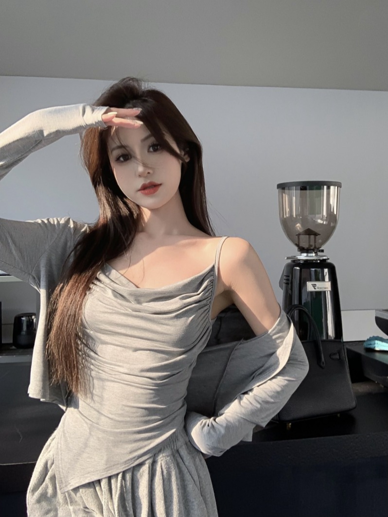 實拍夏季新純欲性感辣妹風顯胸吊帶背心+外搭小開衫防曬套裝
