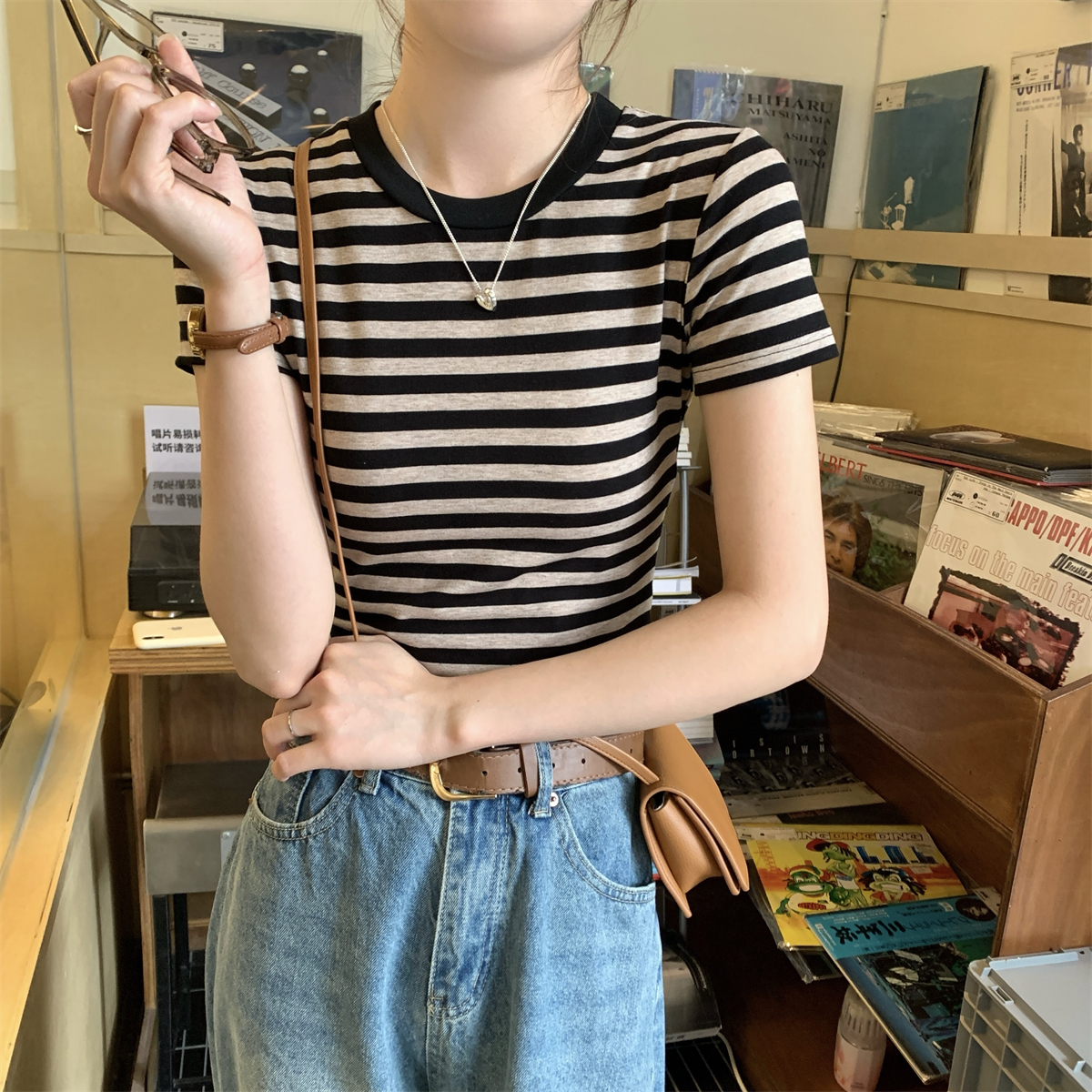 實拍 夏季韓版正肩修身百搭復古撞色條紋純棉短袖T恤上衣女