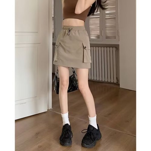 Cool Hot Girl American Retro Drawstring High Waist Workwear Style A-Line Skirt Women's Summer Slimming Anti-Exposed Short Skirt