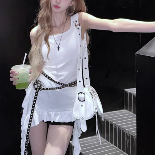 Sexy hot girl white irregular camisole female summer design slim ruffled ribbon sleeveless top