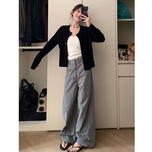 American gray low-waisted casual straight pants for women in summer thin loose design versatile slim floor-length wide-leg pants