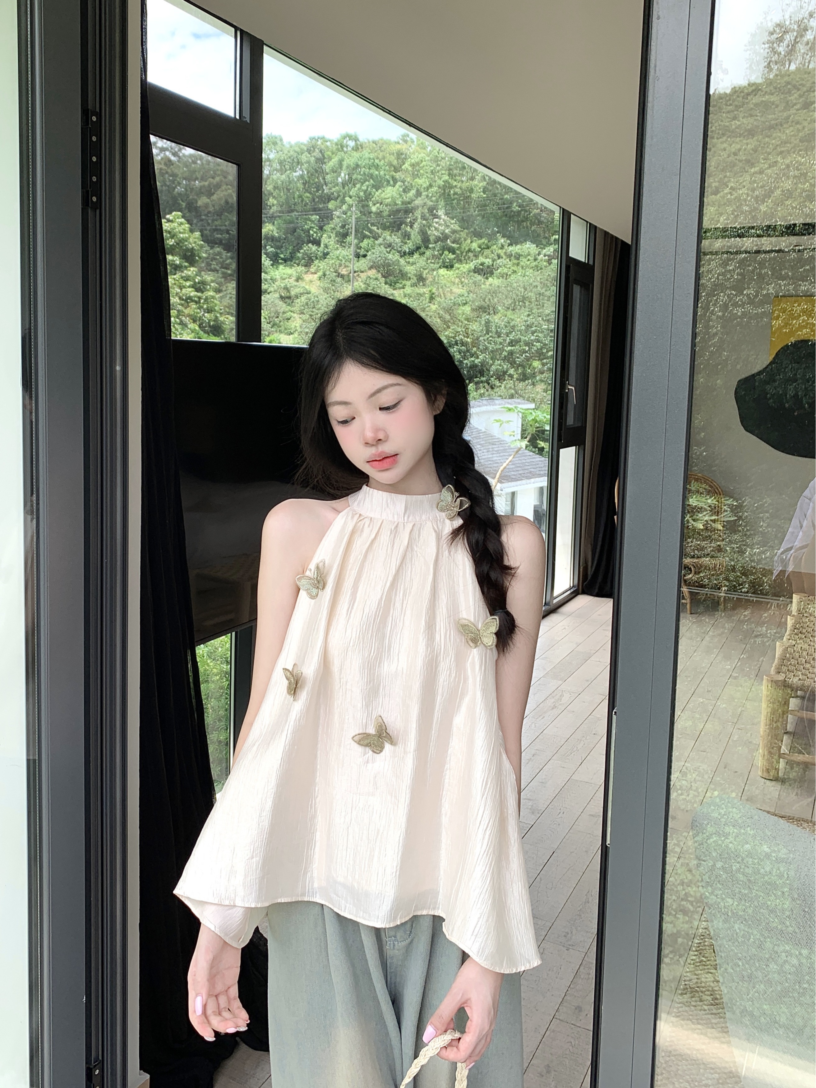 Real shot of pure lust style three-dimensional butterfly halter neck off-shoulder camisole women's summer loose slimming versatile top