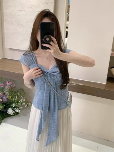 AS OFFICIAL recommends new summer atmosphere design flying sleeve plaid strap small shirt vest for women