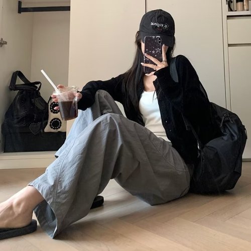 American gray low-waisted casual straight pants for women in summer thin loose design versatile slim floor-length wide-leg pants