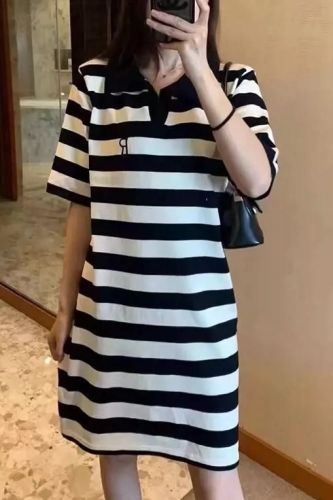 Tmall quality knitted dress women's summer loose slimming lapel mid-length casual striped short sleeves