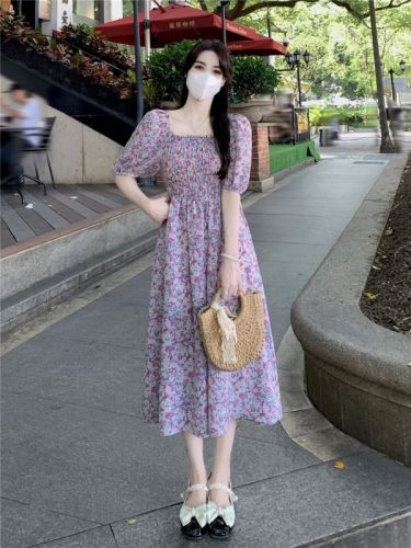 Real shot square neck puff sleeve floral skirt sweet summer new French waist niche design dress