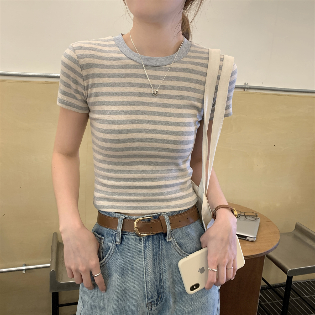 實拍 夏季韓版正肩修身復古撞色條紋顯瘦純棉短袖T恤上衣女