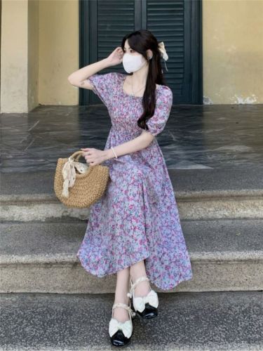 Real shot square neck puff sleeve floral skirt sweet summer new French waist niche design dress