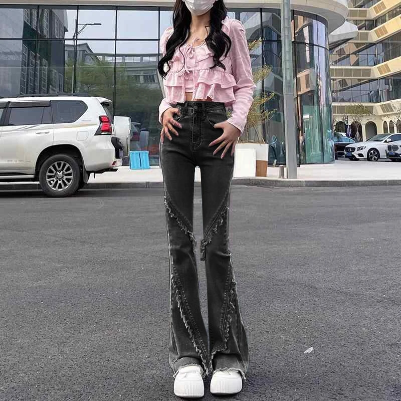 毛邊喇叭褲女春秋季新款高腰小個子修身顯瘦垂感拖地微喇牛仔褲女