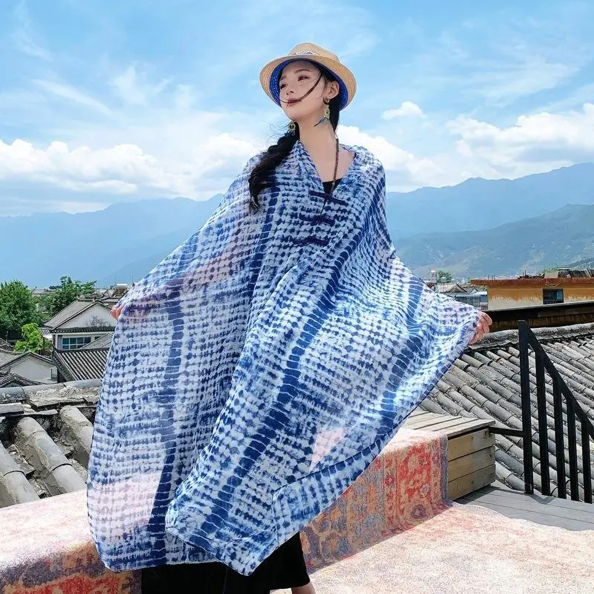 質檢官圖夏季新款防曬披肩長款民族風新中式盤扣百搭扎染旅遊薄款