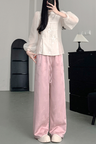 White New Chinese Style Wide Leg Pants Women's Spring and Autumn 2024 New High Waist Casual Acetate Floor-Mopping Straight National Style Pants