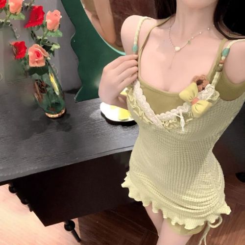 Waist slimming pure desire girl style drawstring sexy avocado green suspender dress hot girl pure desire two piece set