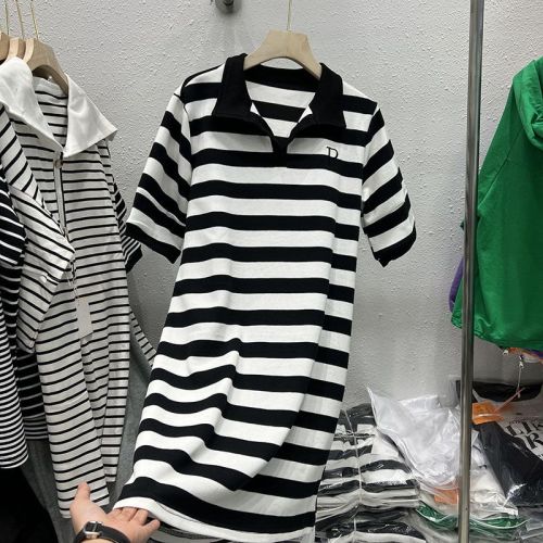 Tmall quality polo collar striped short-sleeved knitted dress summer new design niche mid-length style