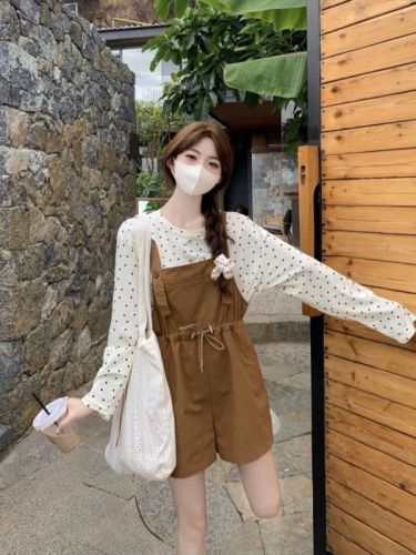 Real shot 2024 new work wear casual overalls women's shorts + thin polka dot long-sleeved T-shirt women's top set