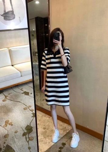 Tmall quality knitted dress women's summer loose slimming lapel mid-length casual striped short sleeves