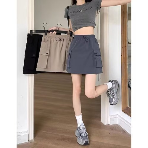 Cool Hot Girl American Retro Drawstring High Waist Workwear Style A-Line Skirt Women's Summer Slimming Anti-Exposed Short Skirt