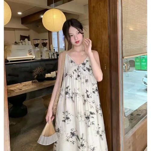 National style new Chinese style floral suspender skirt 2024 new summer vacation style design printed long skirt top