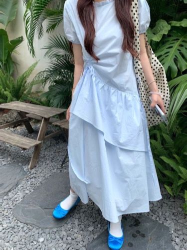 Real shot~Korean summer baby blue drawstring cake mid-length dress~