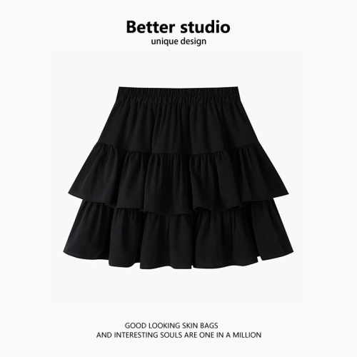 Black skirt women's summer super hot pear-shaped figure high-waisted A-line cake skirt petite puffy short skirt