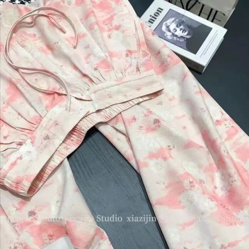 Floral blooming wide-leg pants for women in summer ice silk high-waist drape design straight loose cool casual pants thin