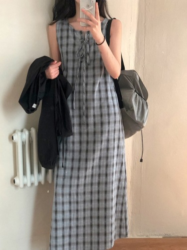 Checked lace-up sleeveless dress