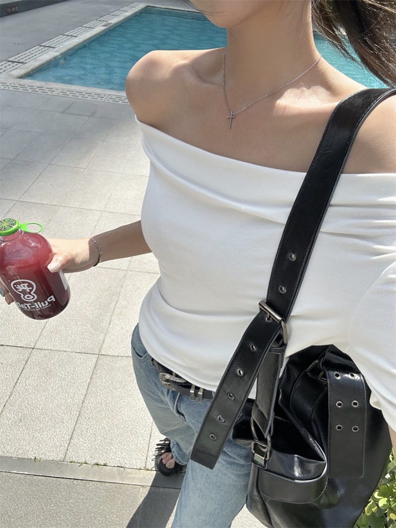 實拍 真 夏季新款堆堆一字領肩修身短袖T恤上衣女