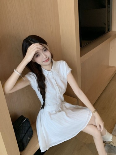 Real shot~ College style design waist slimming strap shirt dress female first love white short skirt summer