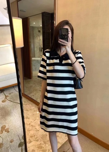 Tmall quality knitted dress women's summer loose slimming lapel mid-length casual striped short sleeves