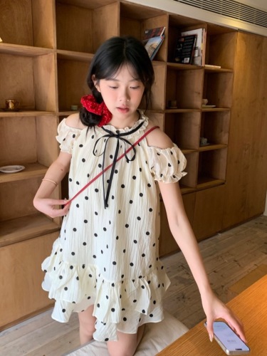 Real shot~Korean style summer girl's off-shoulder halterneck polka-dot fluffy doll dress~