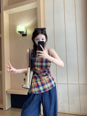 Actual shot American style spicy girl color-blocked grid tank top summer irregular pleated outerwear sleeveless top