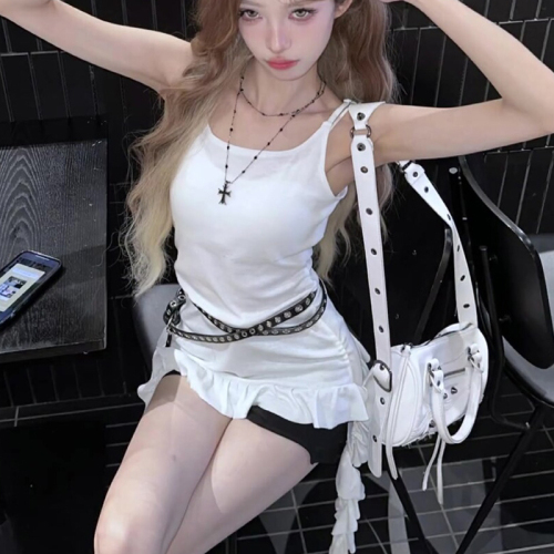 Sexy hot girl white irregular camisole female summer design slim ruffled ribbon sleeveless top