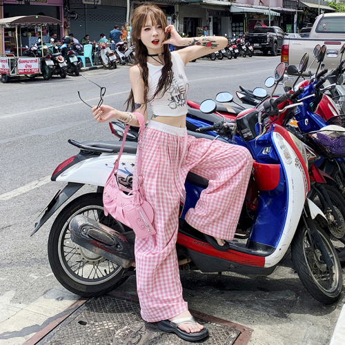 Sweet Girl | Contrast Color Plaid Walking Pants Elastic Waist Straight Leg Wide Leg Casual Pants