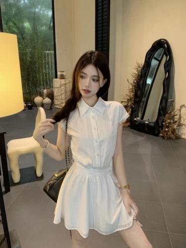 Real shot~ College style design waist slimming strap shirt dress female first love white short skirt summer