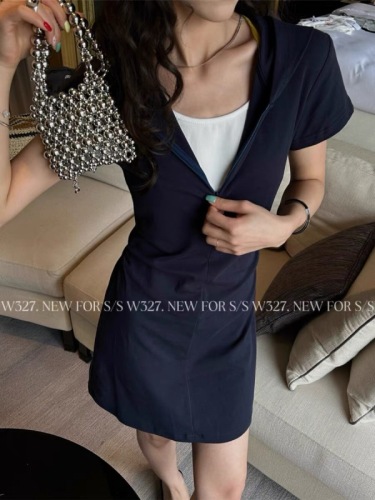 W327 Women's 2024 Summer New Korean Version Fake Two-piece Hooded Short-Sleeved Waist Slim Casual Dress