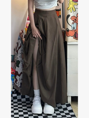 The original method has a zipper brown high-waist umbrella skirt skirt for women autumn and winter Hepburn style drape suit skirt