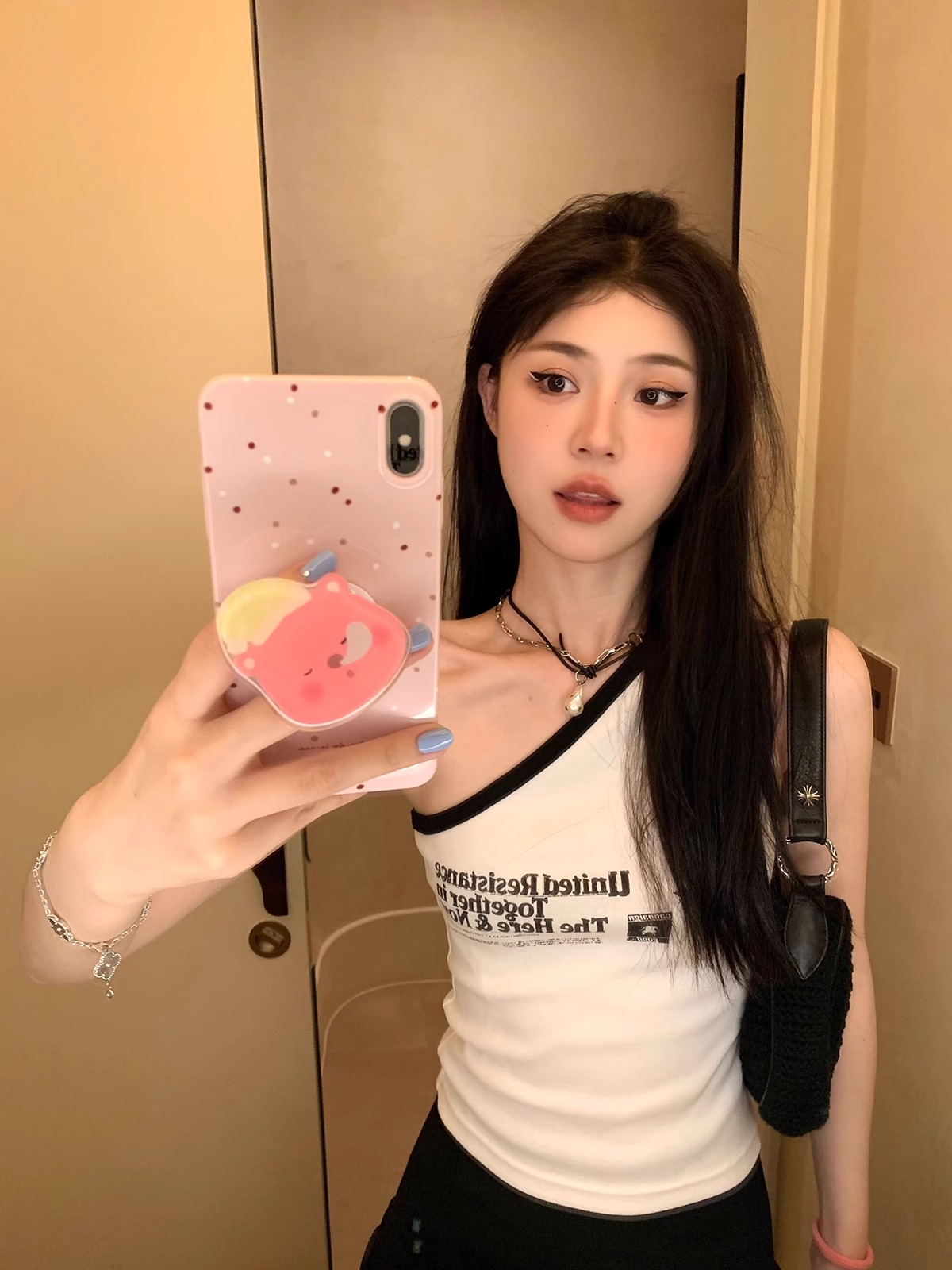 純欲辣妹美式斜肩印花吊帶背心女夏季新款設計感小眾修身顯瘦上衣