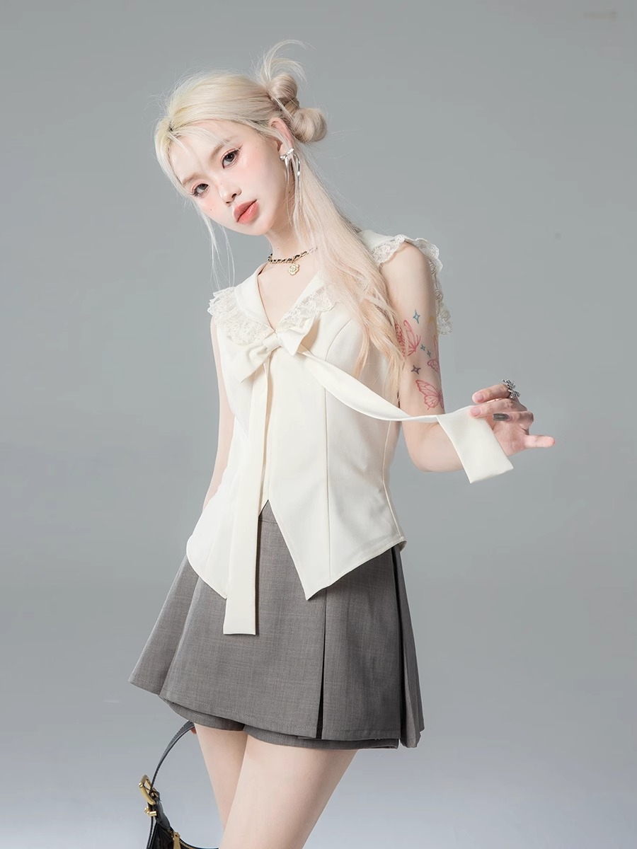 French preppy style navy collar lace vest women's summer design sense small waist slimming temperament sleeveless top
