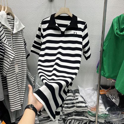 Tmall quality polo collar striped short-sleeved knitted dress summer new design niche mid-length style